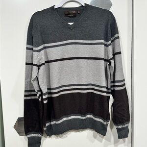 Men's Gray and Brown Striped Crewneck Sweater Cotton cashmere bllend (70/30%)
